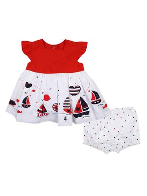 Girls White & Red Printed Dress with Panties